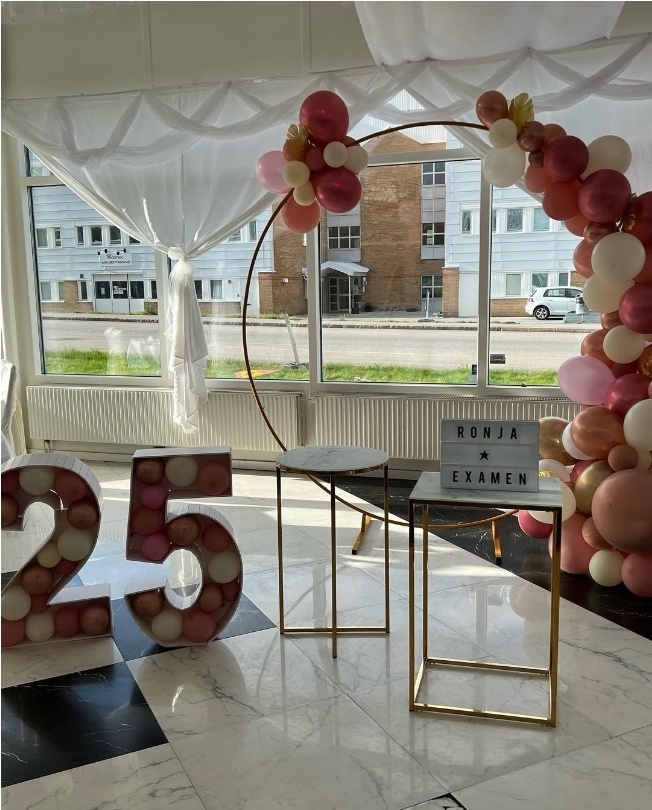 elegant och stilfullt  inramning för Examen. Dukning med mjukt draperade stolsöverdrag, vackra blomsterarrangemang och noggrant utvalda detaljer ger en känsla av lyx och fest.